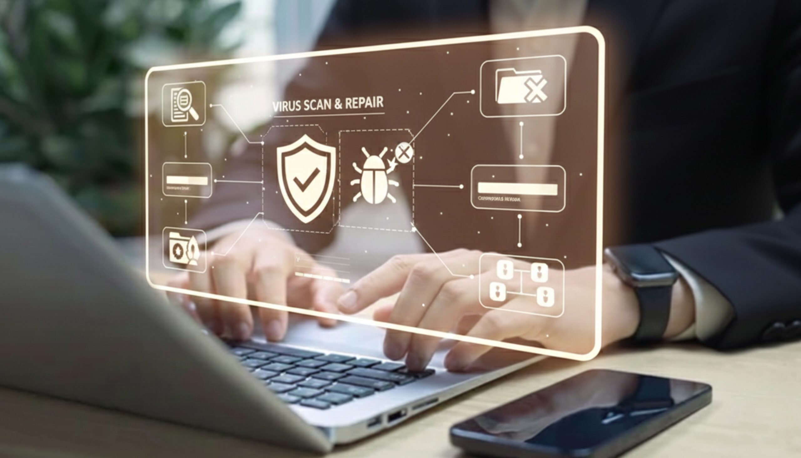 Man and laptop with Endpoint protection